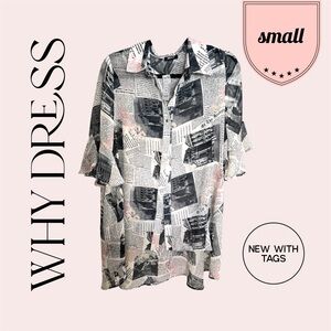Why Dress Sheer White Black Pink Hi-Low Hem Newspaper Print Blouse Women Small